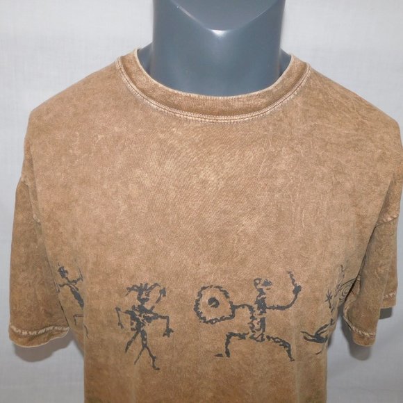 VTG 90s Stone Aged Rockwear Mens L Brown Shirt Petroglyphs Native acid wash - Picture 2 of 11